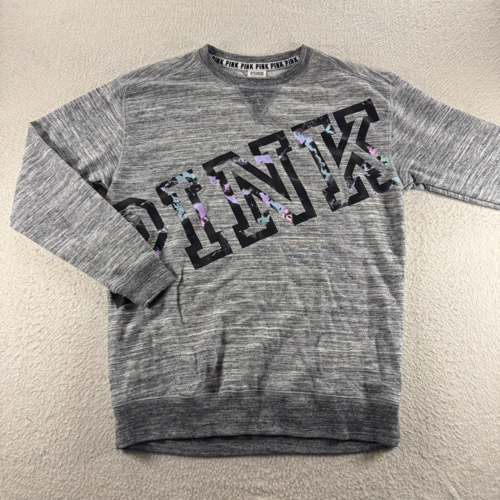 PINK Victoria's Secret Sweatshirt Womens XS Grey Logo‎ Pullover Space Dye Exc